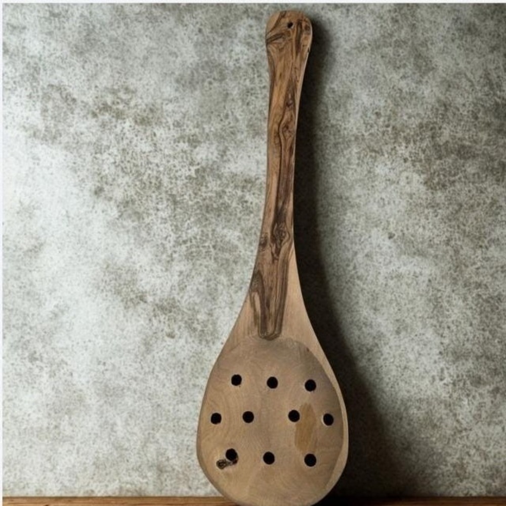 Handcrafted Olive Wood Slotted Spoon Rustic Wooden Kitchen Strainer Utensil 12in